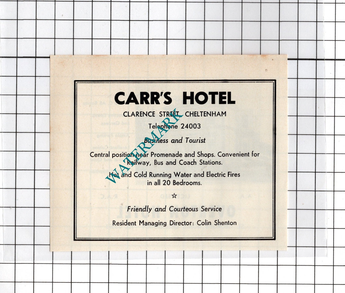 Overton Hotel Cheltenham / Carr's Hotel Colin Shenton - c.1970s Advert