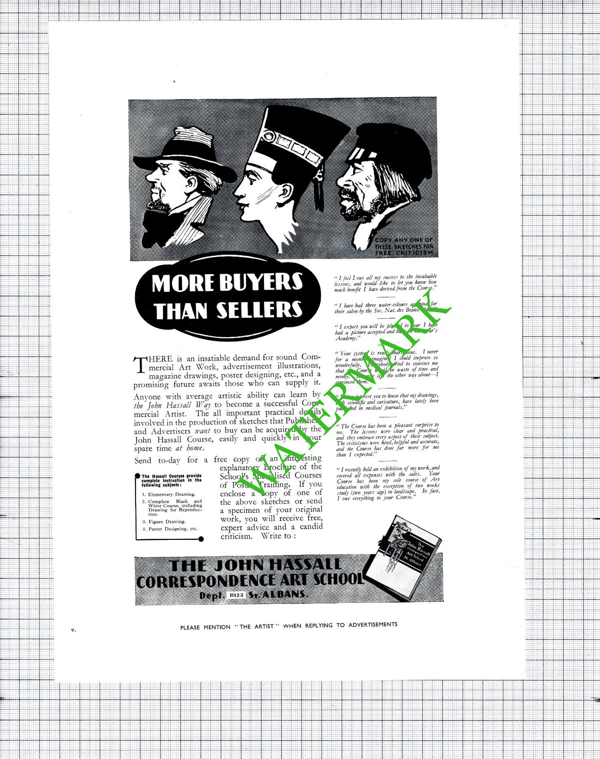 The John Hassall Correspondence Art School Advert - 1930s Cutting / Print