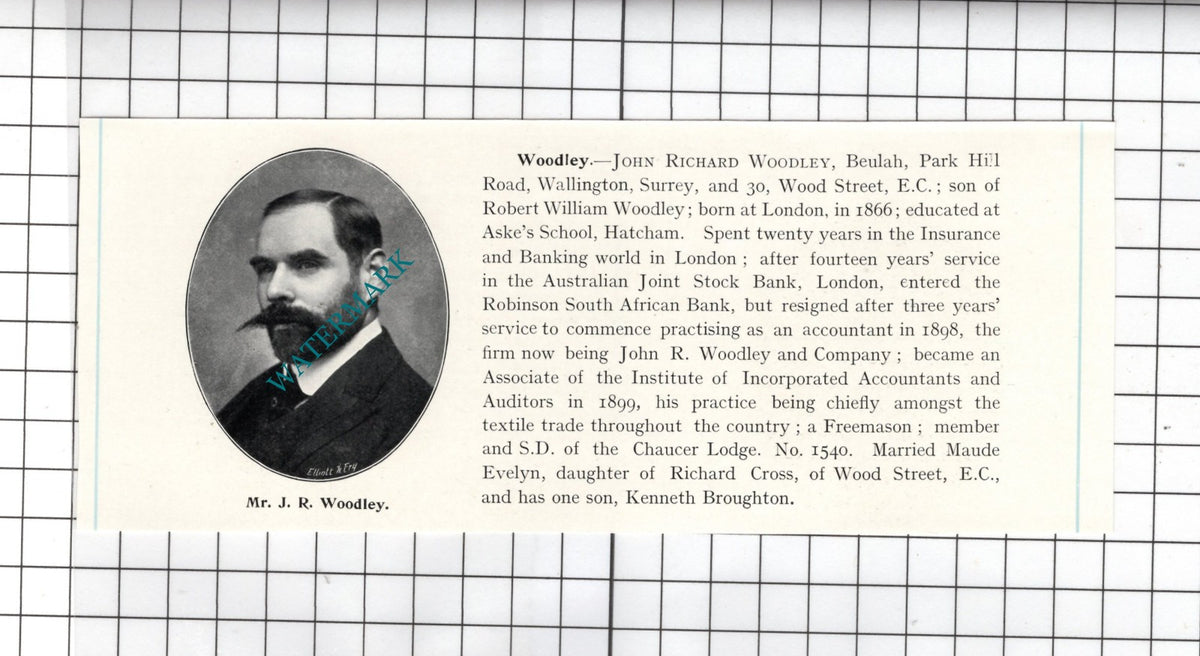 Mr John Richard Woodley Beulah Wallington Surrey - c.1905 Clipping