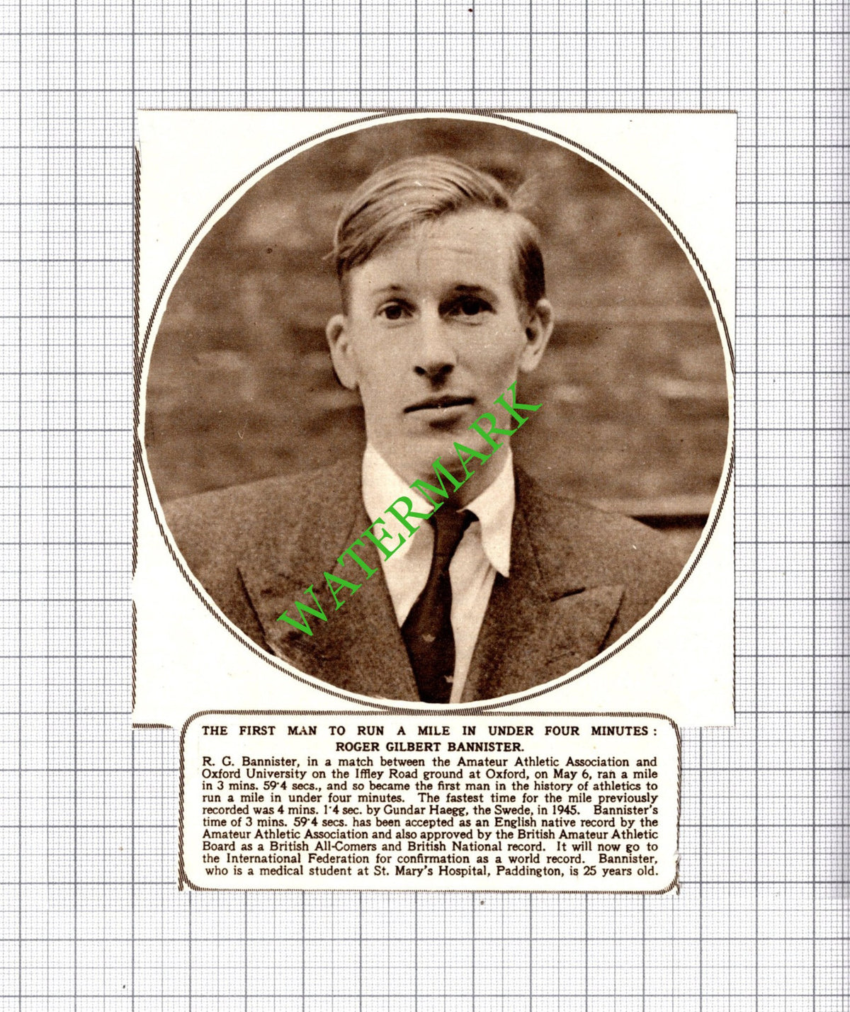Roger Gilbert Bannister Four Minute Mile - 1954 Cutting