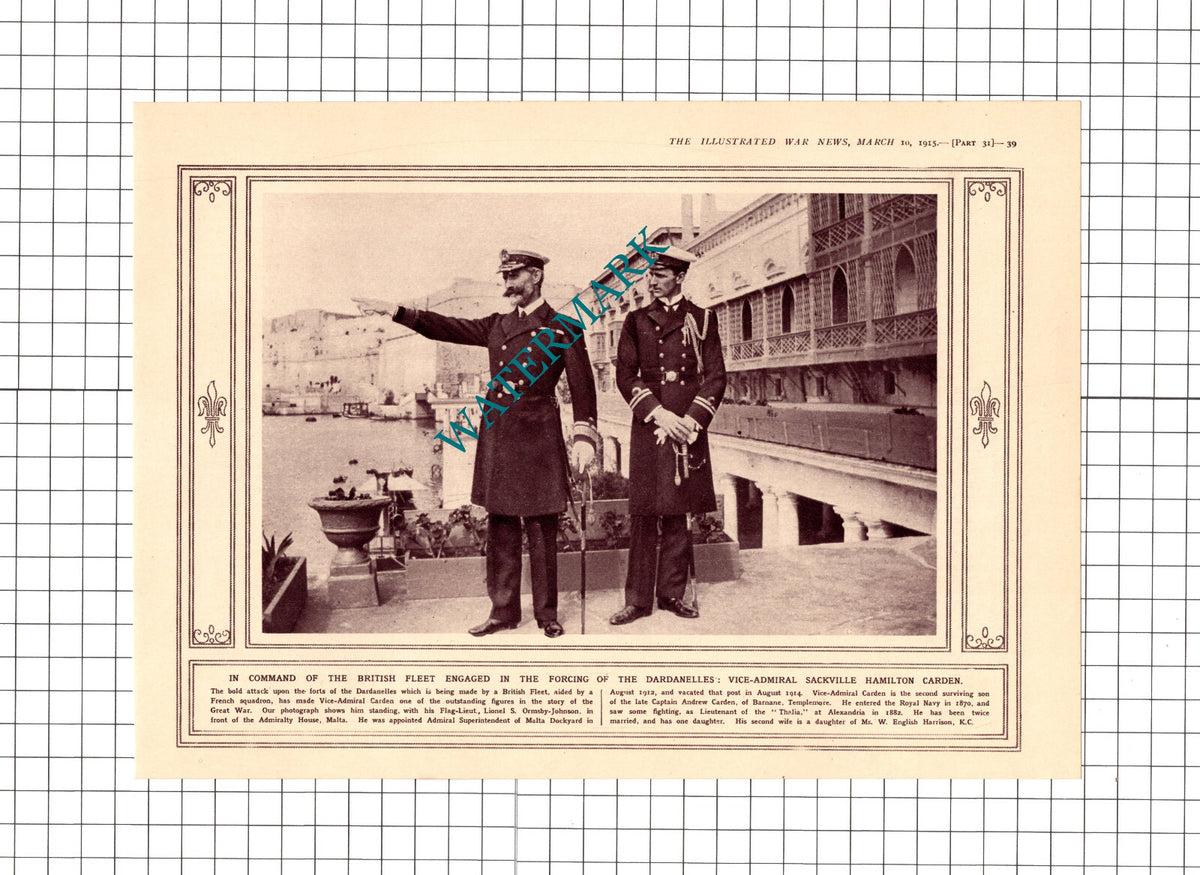 Vice Admiral Sackville Hamilton Carden Ormsby-Johnson WW1 -1915 Clipping/ Print