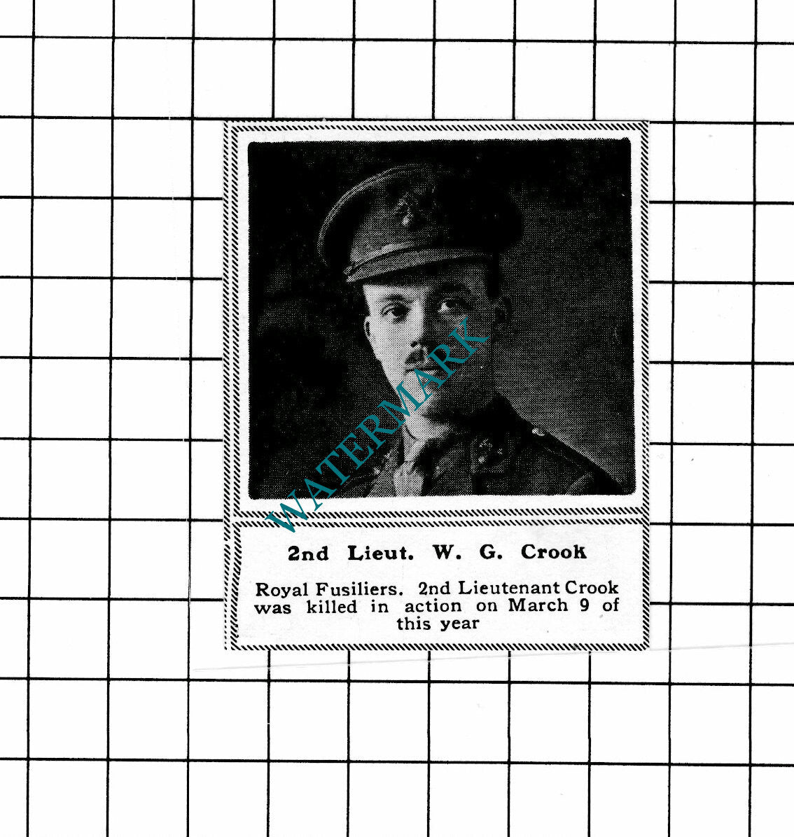 2nd Lt W G Crook Royal Fusiliers WW1 - c.1918 SMALL Clipping