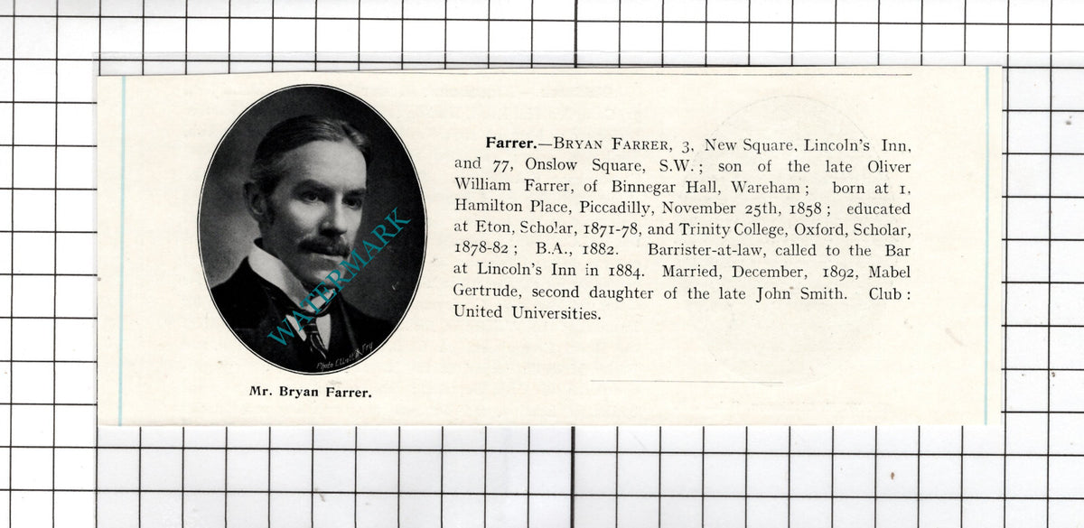 Mr Bryan Farrer 77 Onslow Square London - c.1905 Clipping