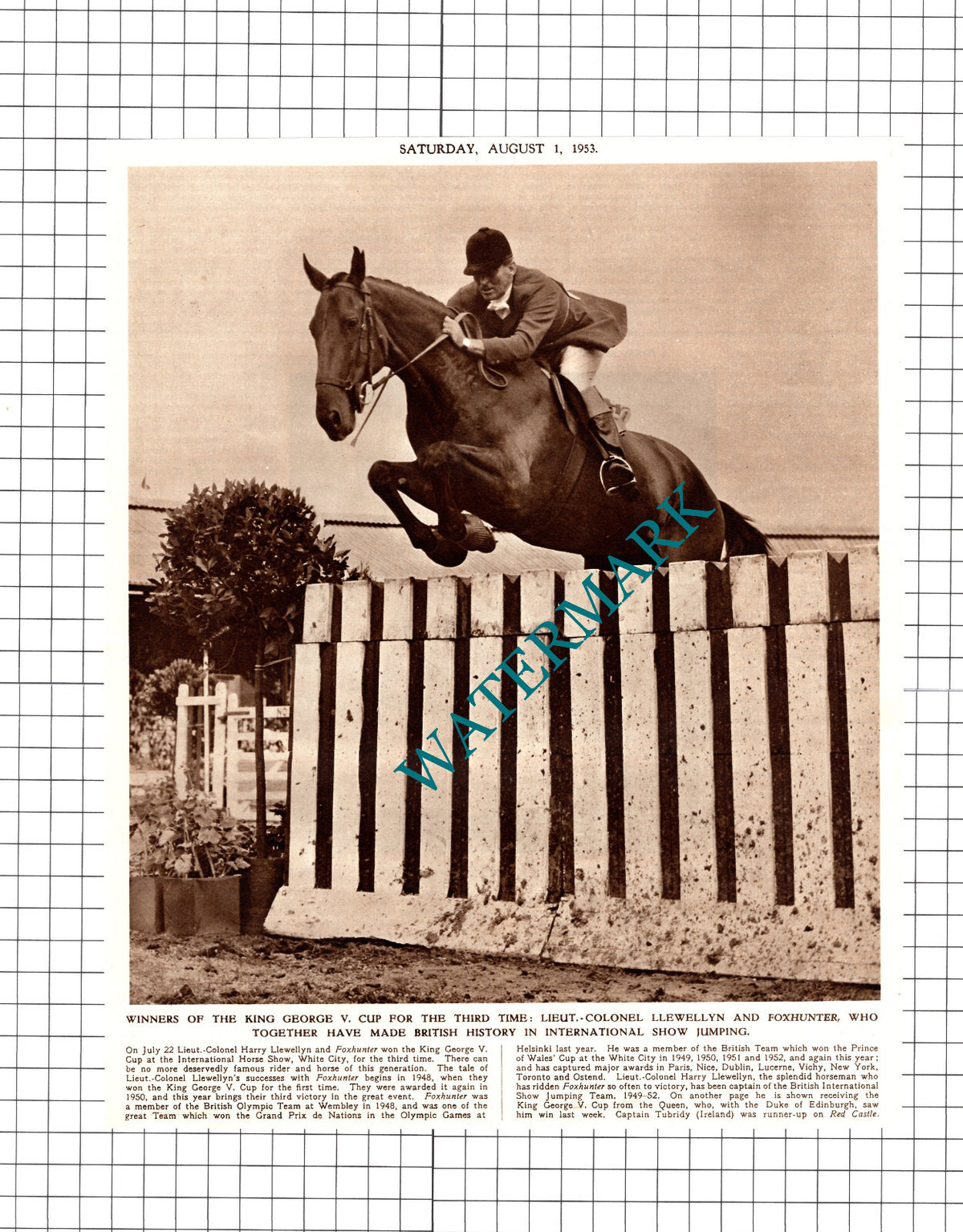 Lieut Col Harry Llewellyn On Horse Foxhunter Show Jumping - 1953 Cutting / Print