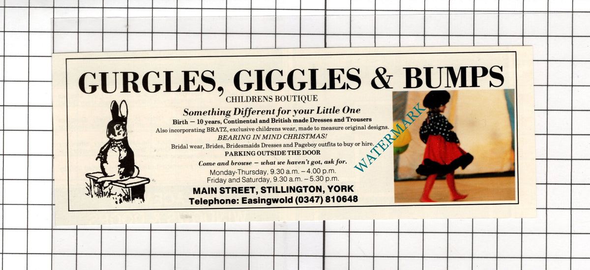 Gurgles Giggles & Bumps Stillington York - 1988 Advert