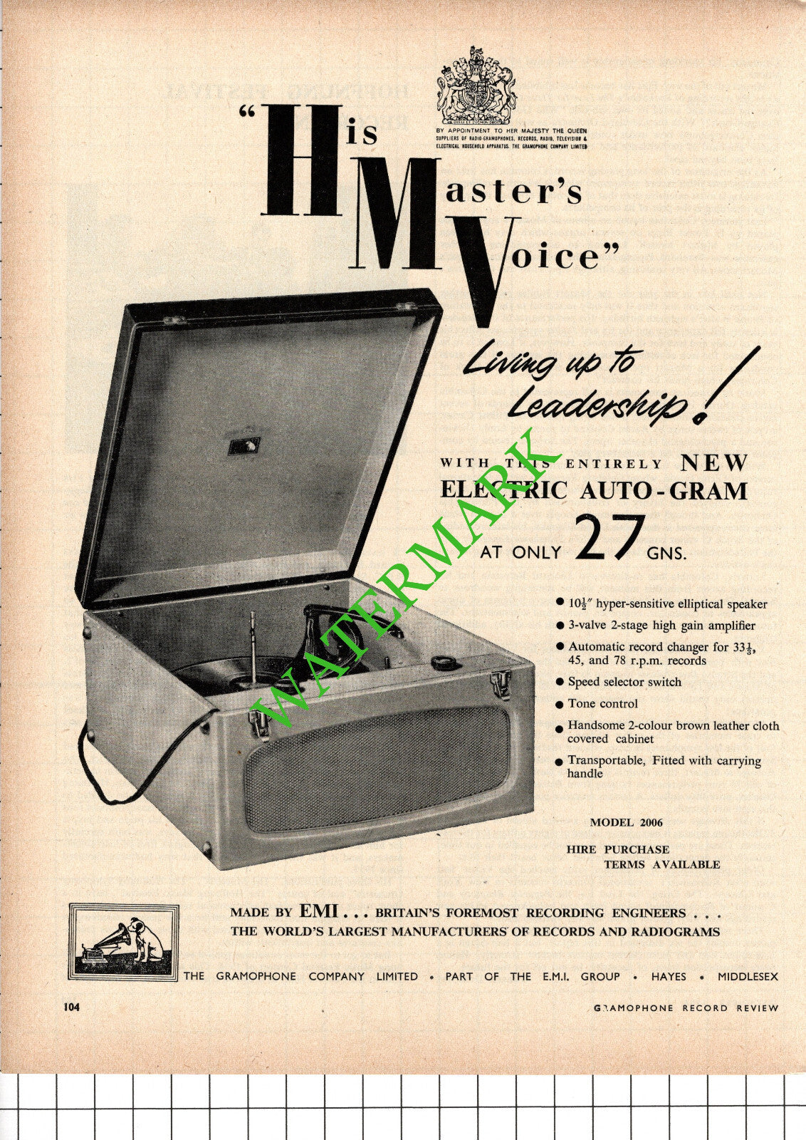 HMV Electric Auto-Gram ADVERT - 1956 Cutting / Print