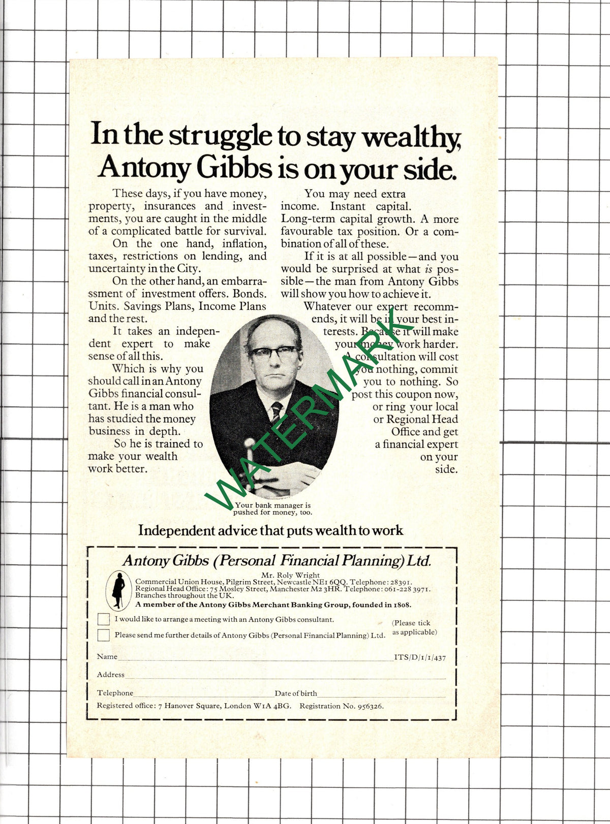 Anthony Gibbs Personal Financial Planning Ltd Roly Wright - 1974 Advert
