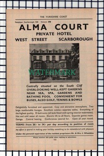 C6956) Alma Court Hotel West Street Scarborough Wheeldon Advert - 1952 Cutting