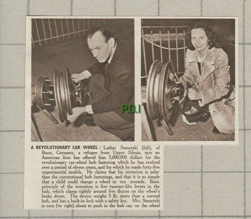 Lothar Stanetzki Bonn Germany Car Wheel Hub Fastening Invention - 1950 Cutting