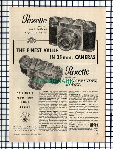 (7101) PAPER ITEM!!   Paxette Camera ADVERT - 1954 CUTTING