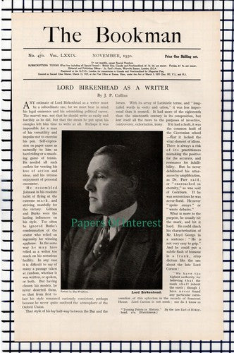 X1196) Lord Birkenhead Writer  - 1930 Article