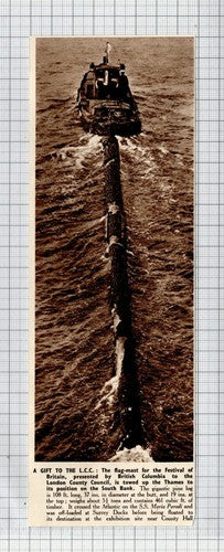 Flag Mast for Festival of Britain Towed Up Thames London -   1950 News Clipping