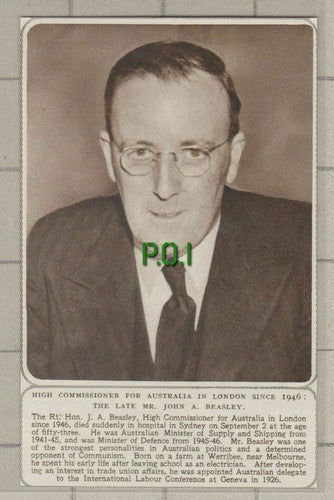 (C640) Rt Hon John Beasley High Commissioner Australia Werribee Obituary - 1949