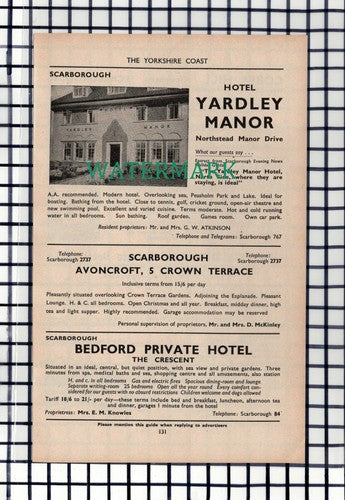 C6947) Yardley Manor Hotel Northstead Manor Drive Scarborough - 1952 Cutting