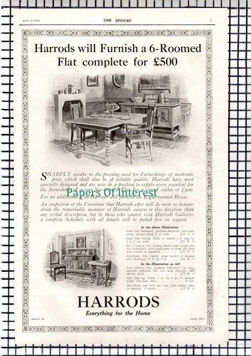Harrods Advert World War One - 1919 News Page / Print