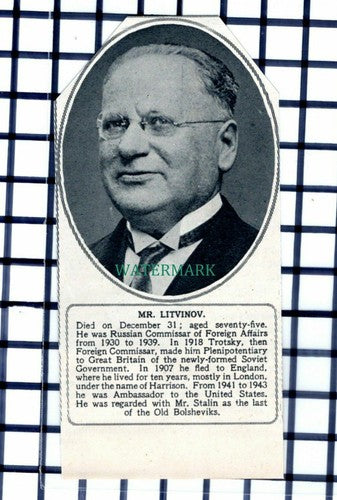 C6375) Mr Litvinov Obituary   - 1952 Cutting