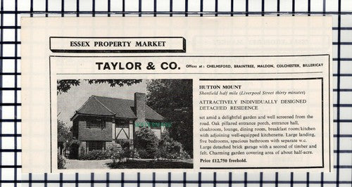 C6580) Hutton Mount Shenfield House Sale Advert - 1964 Cutting