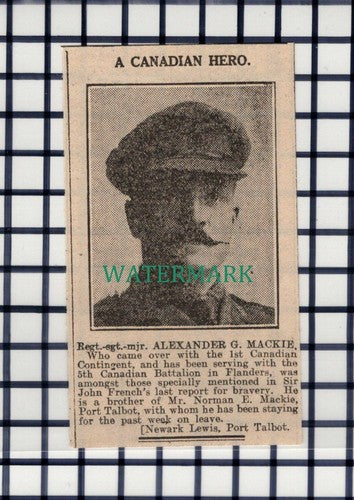 C7135) Major Alexander G Mackie 1st 5th Canadian Port Talbot -  1916 Cutting
