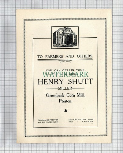 (5392) HENRY SHUTT MILLER GREENBANK CORN MILL PRESTON ADVERT - 1922