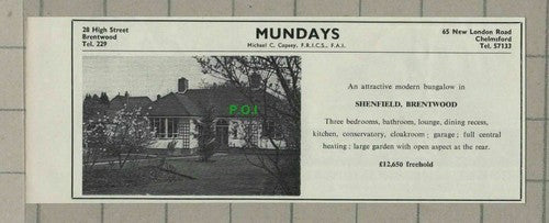 C2502) Shenfield Brentwood Essex Bungalow Sale Advert - 1966 Clip