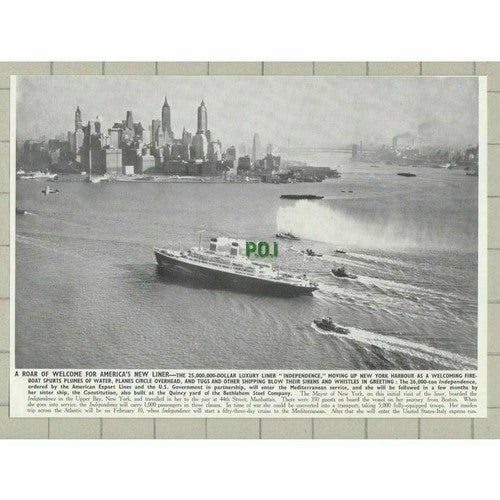 Liner Ship INDEPENDENCE   New York Harbour  - 1951 News Cutting