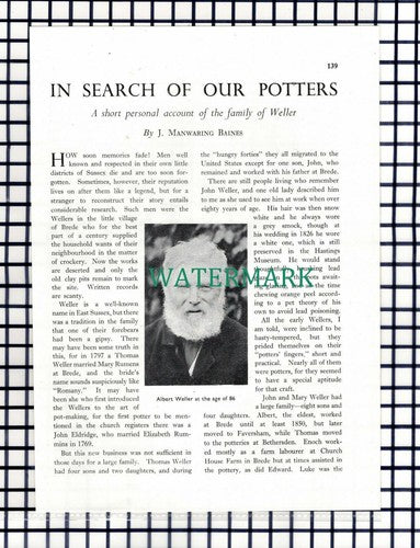 (8162) Albert Weller Brede Sussex Mary Rumens Potters Enoch  - 1950 Article