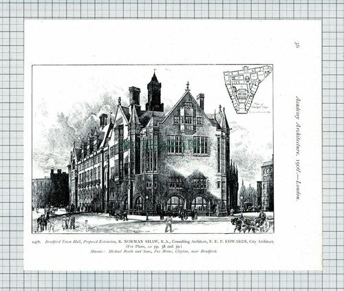 BRADFORD Yorkshire TOWN HALL Norman Shaw - 1906 Article / Print