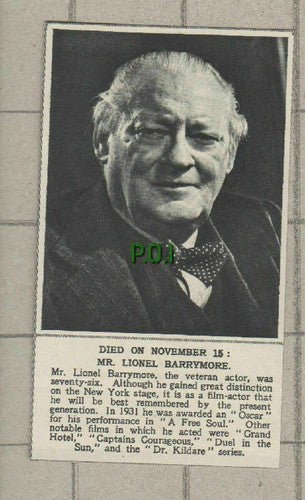 Mr Lionel Barrymore  Actor Obituary -   SMALL 1954 News Clipping