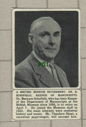 (5151) Dr Bertram Schofield Keeper of Manuscripts British Museum 1961 SMALL Clip