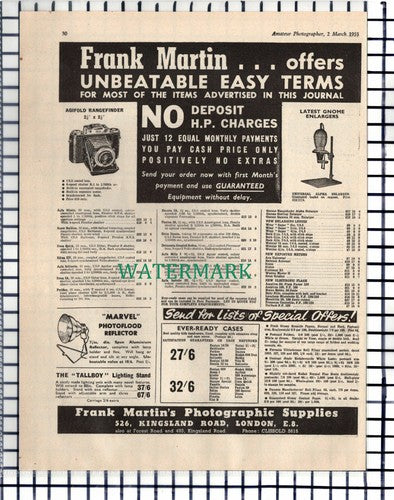 (7092) Frank Martin Photographic Supplies Kingsland Road Advert - 1955 Cutting