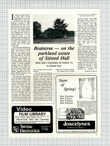 Braintree Golf Course Stisted Hall  - 1982 Article