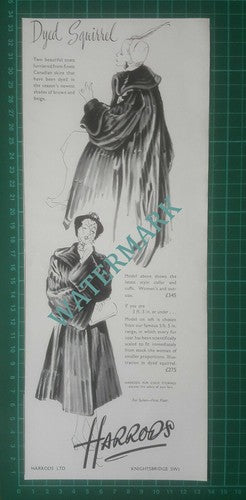 X841) Paper Cutting - Harrods Dyed Squirrel Coat ADVERT  - 1950 Clip