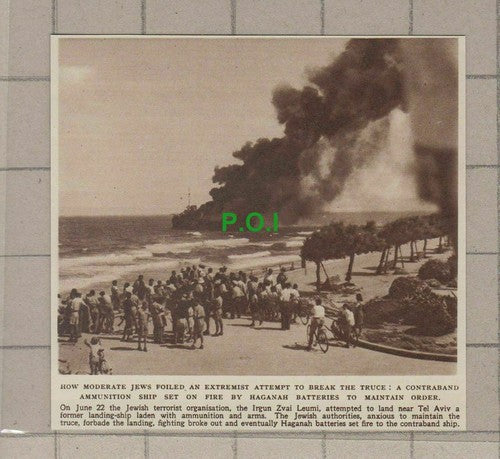 C1753) Irgun Zvai Leumi Ship Set On Fire Tel Aviv Haganah Batteries  - 1948 Clip