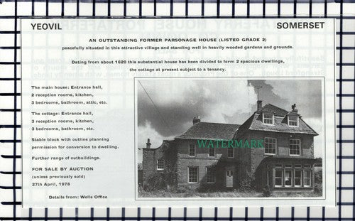 C6877) Yeovil Parsonage House Sale Advert  - 1978 Cutting