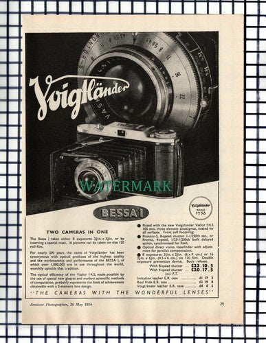 (7096) PAPER ITEM!!  Voigtlander Bessa Camera ADVERT - 1954 CUTTING