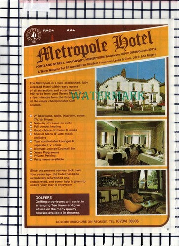 C7001) The Bentley Hotel Southport Metropole Portland St Rogers - 1986 Advert