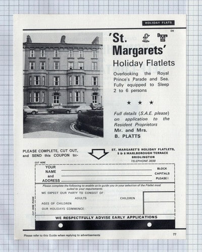 (5796) St Margarets Holiday Flatlets Bridlington Mr & Mrs B Platts  - 1973 Clip