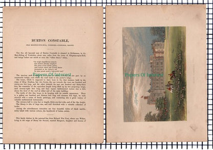 (6696) Burton Constable Hull - c.1880 Print & Article  - Marks Are Present!