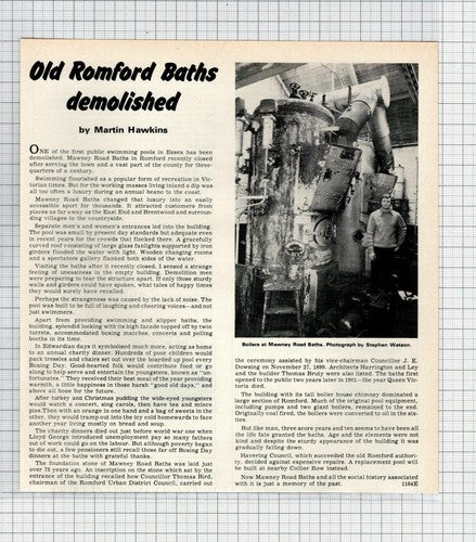 Mawney Road Baths Romford Essex Demolished  - 1975 Clipping / Print