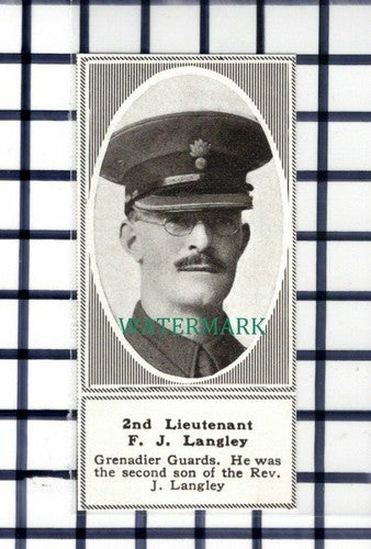C6628) 2nd Lt F J Langley Grenadier World War One WW1  - 1918 SMALL Cutting