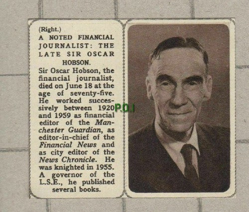 (5170) Sir Oscar Hobson Manchester Guardian  Financial News  1961 SMALL Clip