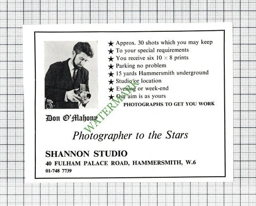 Don O'Mahony Photographer Shannon Studio Hammersmith Advert - 1968 Cutting