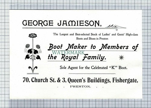 C7425) PRESTON George Jamieson Boot Maker Fishergate Advert  - 1902 Cutting