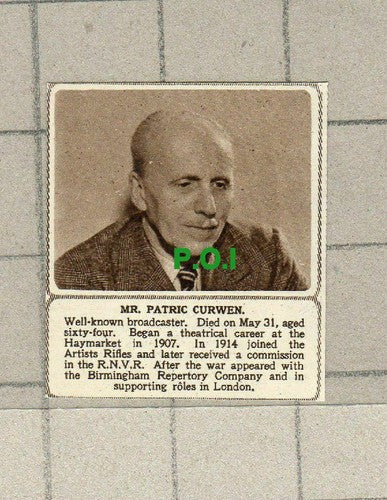 C1655) Mr Patric Curwen Broadcaster Artists Rifles Obituary  - 1949 Clip  SMALL