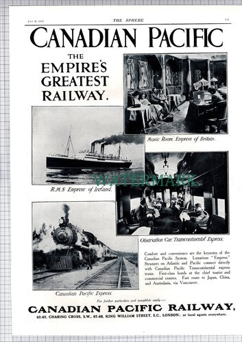 CANADIAN Pacific Railway Empress Of Britain Advert  - 1913 Page / Print