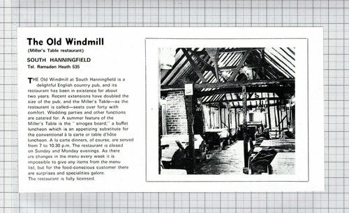 The Old Windmill South Hanningfield Essex Miller's Table  - 1972 Cutting