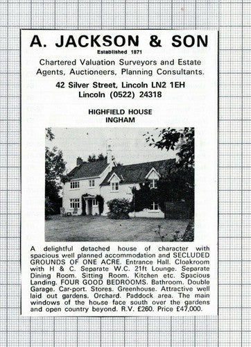 Highfield House Ingham Lincolnshire Small House Sale Advert  -    1979 Clipping