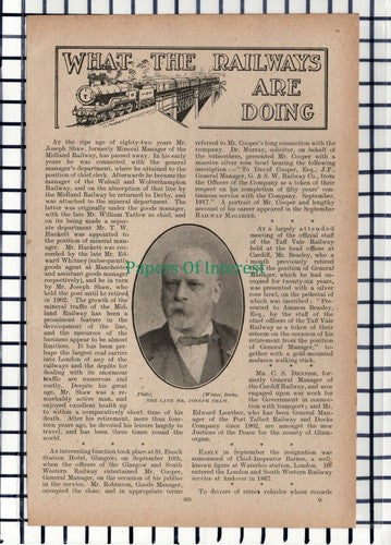 C5791) Mr Joseph Shaw Midland Railway Obituary -  1917 Cutting