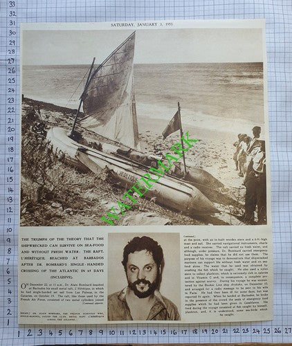 Dr Alain Bombard France L'Heretique Raft Survivor Barbados  - 1953 Cutting