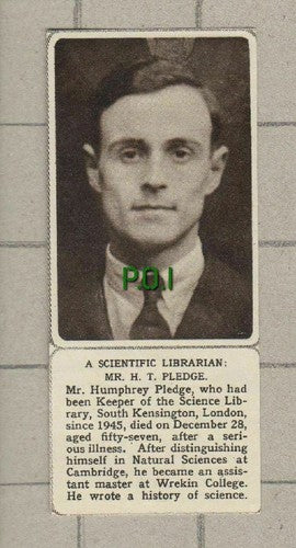 Mr Humphrey Pledge Science Library Kensington Obituary -1961 SMALL News Clipping